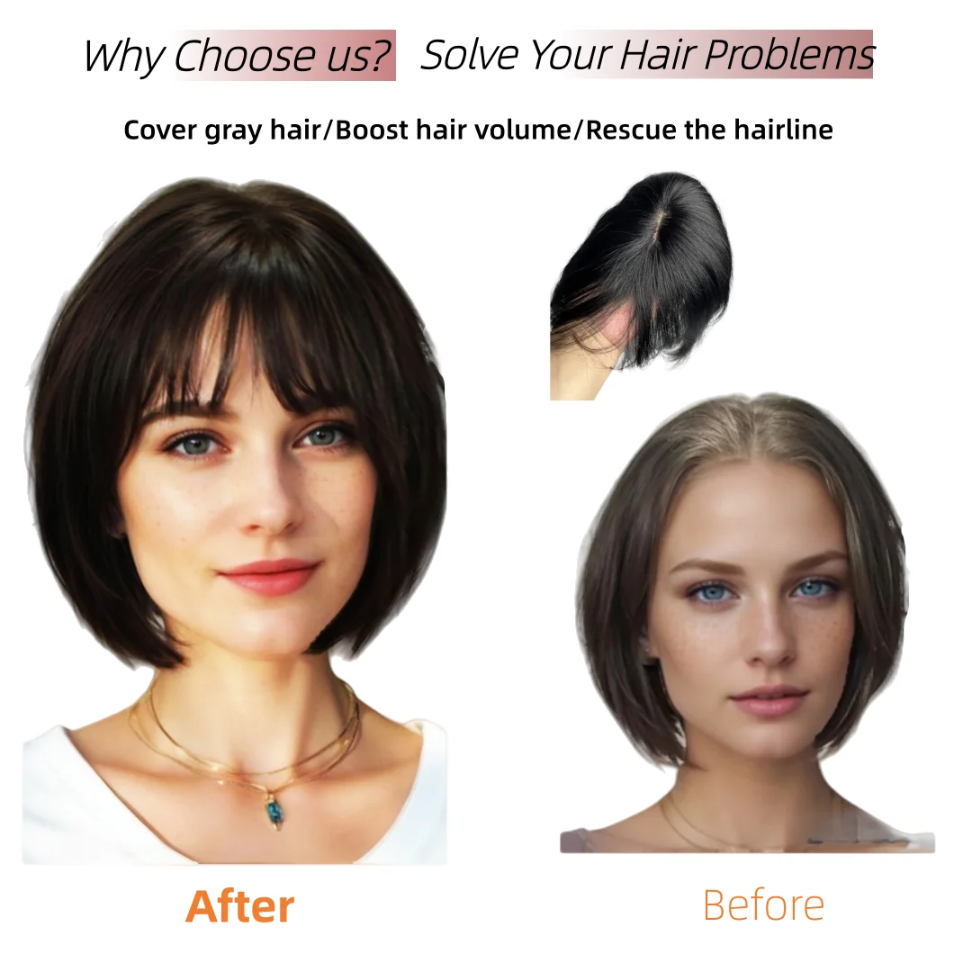 Adorno de cabello humano Natural para mujer con flequillo, pelucas pequeñas invisibles con Clip, perfecto para cubrir extensiones de cabello gris