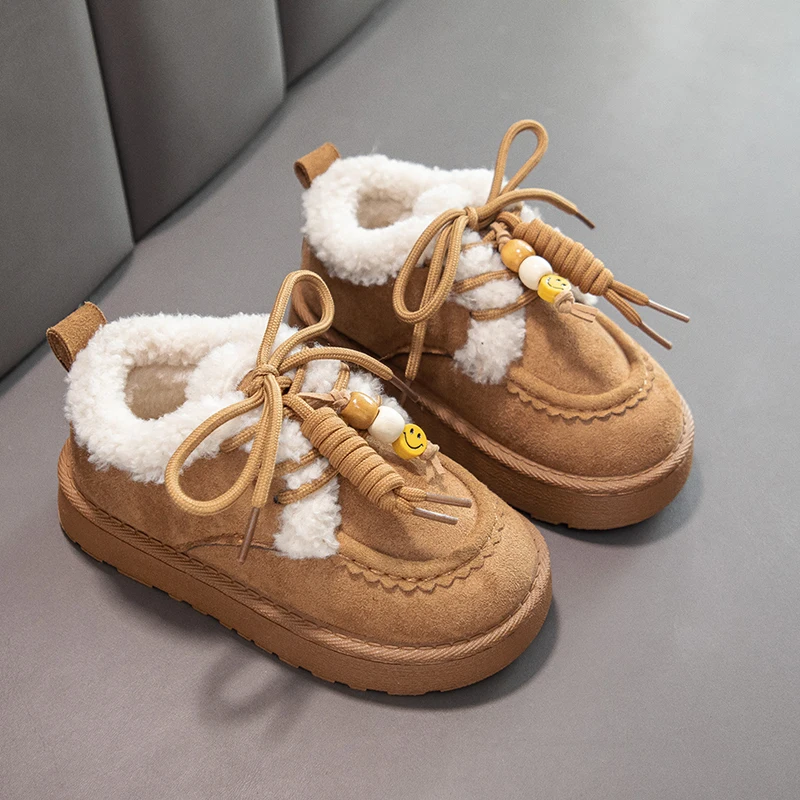 Toddler Kids Winter Snow Boots Fleece Lined Warm Bead Lace‑Up Design Non‑Slip Thick Sole For Cold Weather Daily Outdoor Wear