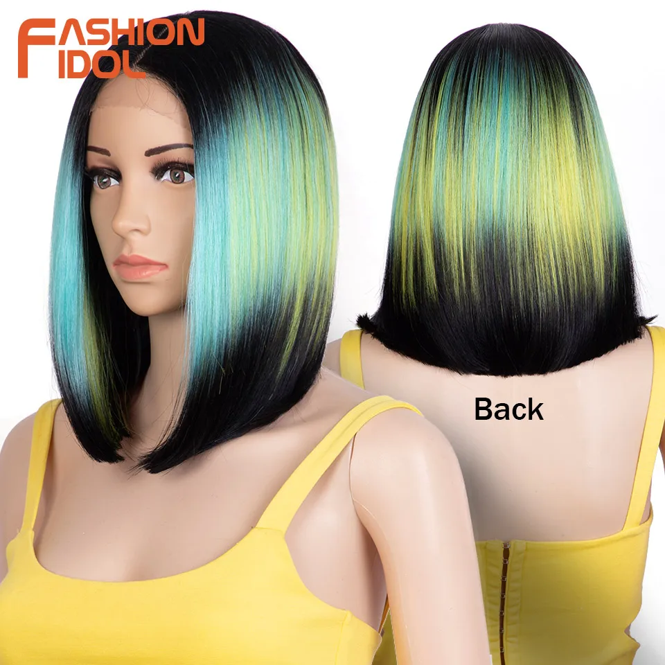 FASHION IDOL Cosplay Bob Wigs Synthetic Side Part Lace Front Wig Ombre Brown Heat Resistant Fiber Yaki Straight Wigs For Women