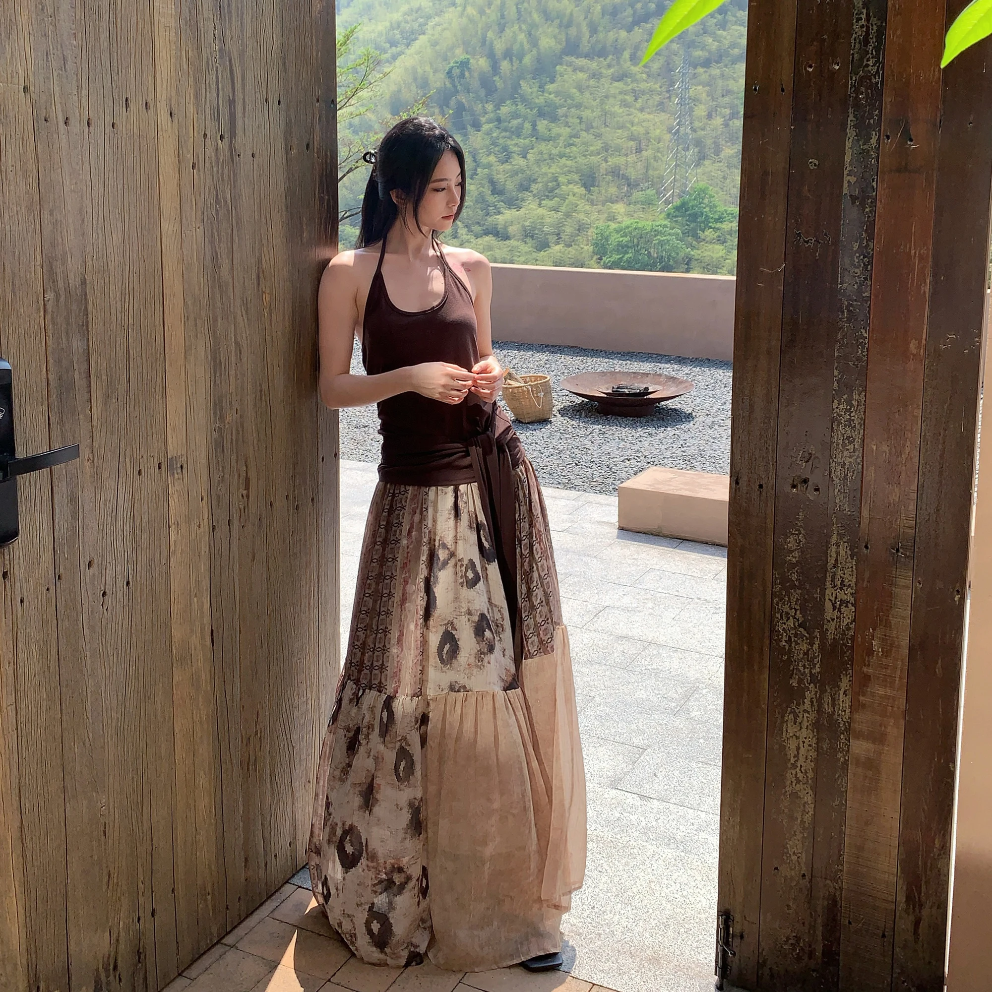 

SMBL RAIN Summer Blue Tide Rain Винтажная шифоновая юбка с принтом, длинная тонкая юбка трапециевидной формы, корейская полиэстеровая юбка с высокой талией...