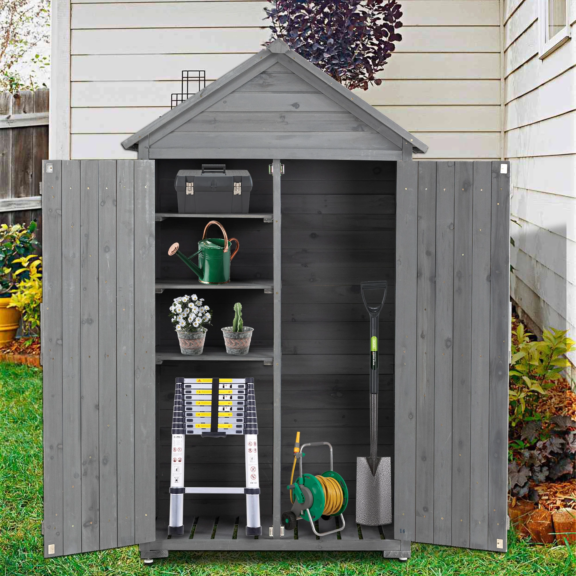 Outdoor Wooden Storage Cabinet Garden Shed Closet with Shelves Latch for Yard Patio