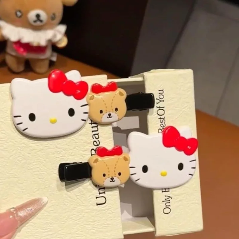 

2Pcs/Set Sanrio Hellokitty and Bear hairpins no trace clip long bangs clip sweet and long suitable for girls gifts