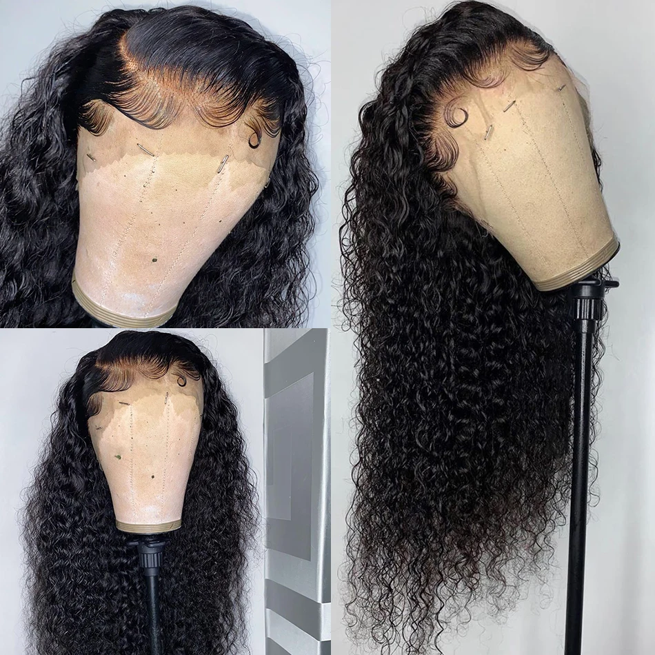 Натуральные черные 30-дюймовые длинные курчавые вьющиеся человеческие волосы 13x6 HD Парики фронта шнурка Бразильские свободные части Предварительно выщипанные с детскими волосами Бесклеевые