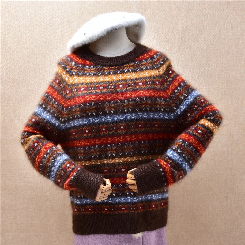Donna Donna Autunno Inverno Moda Visone peloso a righe Cashmere lavorato a maglia O-Collo Maniche lunghe Camicette sottili Pullover Maglione angora