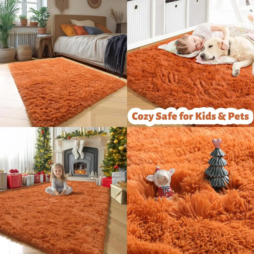 

Fluffy Dark Orange Shaggy Rug, 5x7 for Living Room, Bedroom, Kids' Rooms & Play Areas