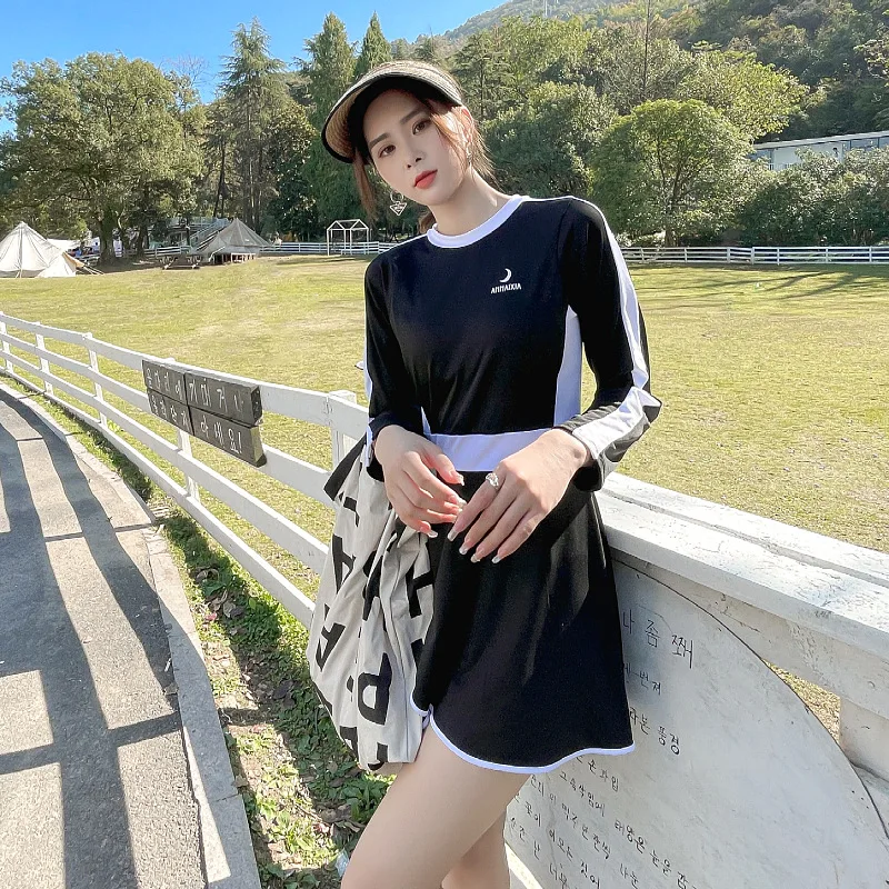 2022 New Korea Style Long Sleeve One Piece Swimsuit Skirt Women Solid White Swimwear Monokini Bathing Suit Swimskirt