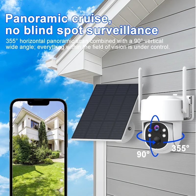 Wi-Fi PTZ Уличная беспроводная IP-камера на солнечной энергии 4MP HD Встроенный аккумулятор Длительный срок службы батареи Приложение Двустороннее аудио и ночное видение