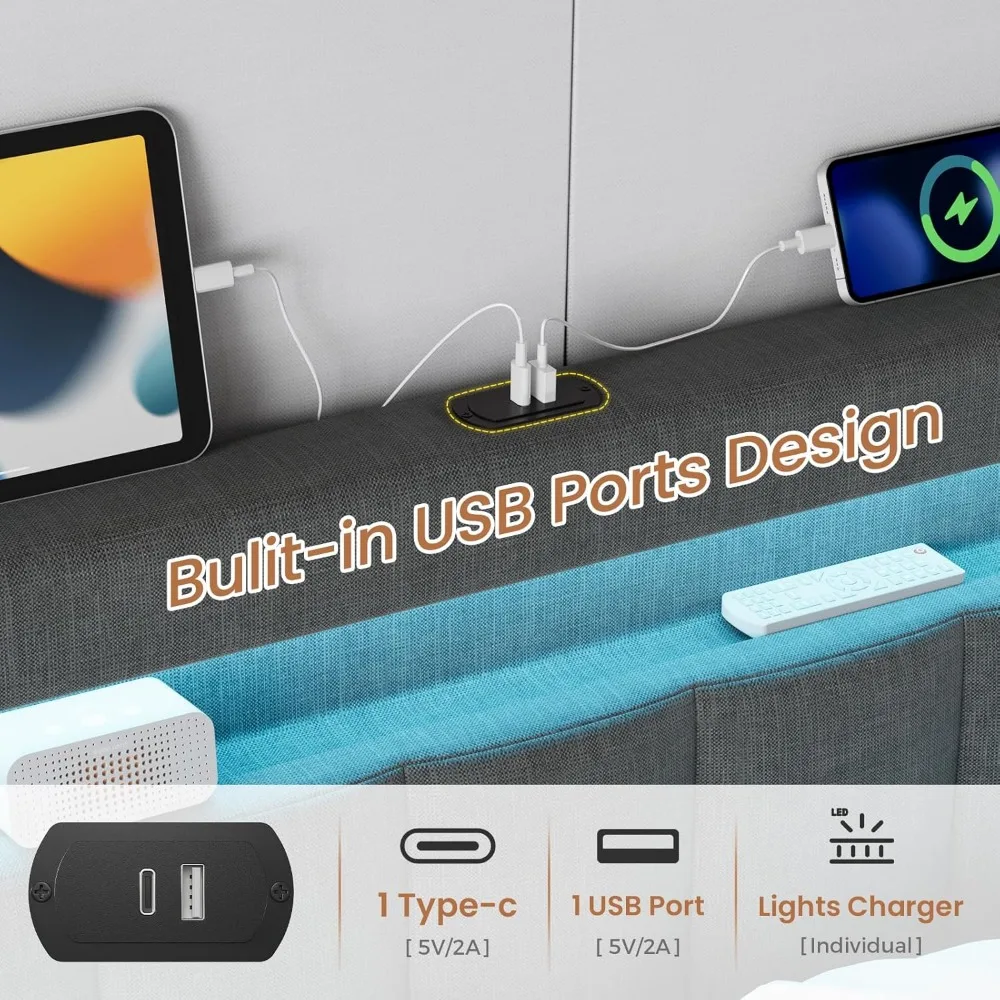 Queen Size Bed Frame with 4 Storage Drawers, RGB LED Light, Charging Station, Slat Support, No Box Spring Needed, Easy Assembly image 3