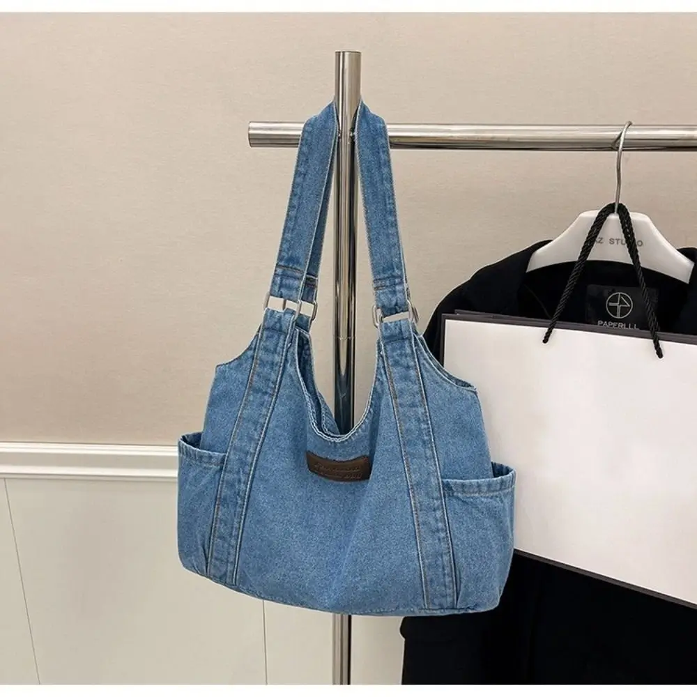 

Retro Denim Shoulder Bag Japanese Style Side Pocket Design Underarm Bag Adjustable Shoulder Strap Ladies Shopping Bag for Women