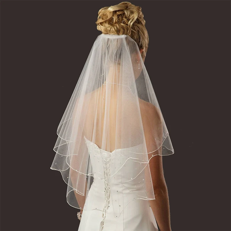 Copricapo da sposa semplice velo da sposa bianco avorio 2 livelli corto lunghezza gomito bordo matita copricapo da sposa