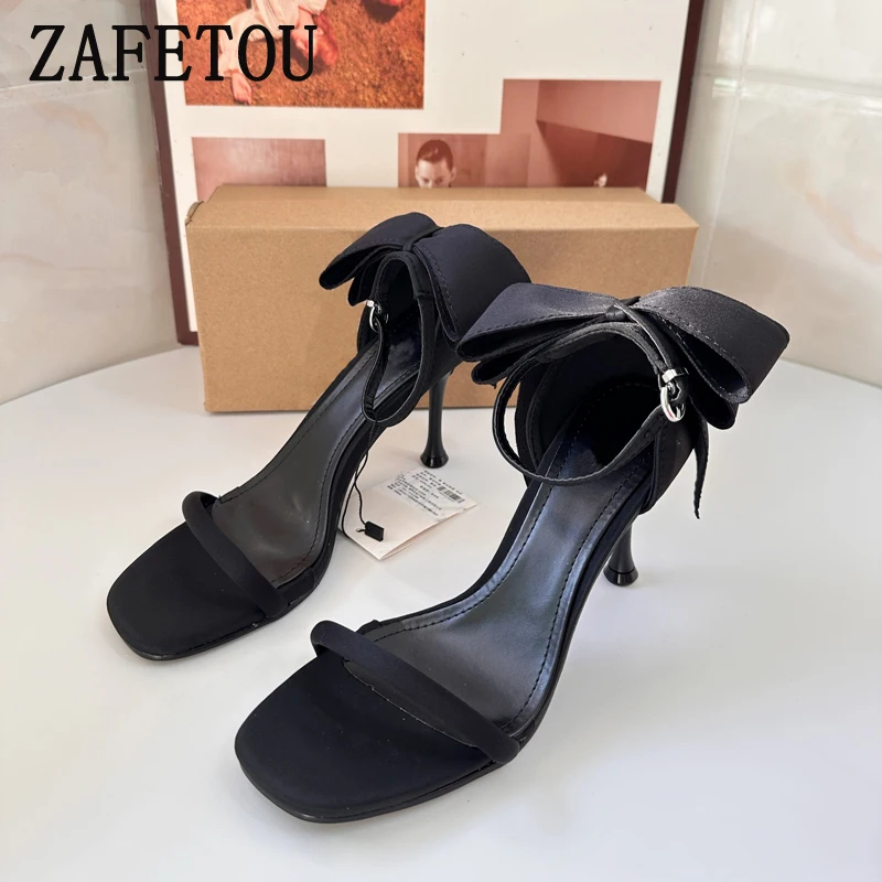 Zafetou Women's Sandals 2024 Summer New Style Fangtou Exposed Toes One String Bow Tie High Heels Fine Heeled Red Wedding Shoes