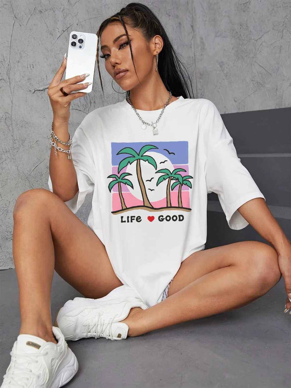 

Life Love Coconut Tree Printing T-Shirt Womens Summer Cotton Tops Soft Oversized O-Neck Short Sleeve Tees Basic Woman Clothes