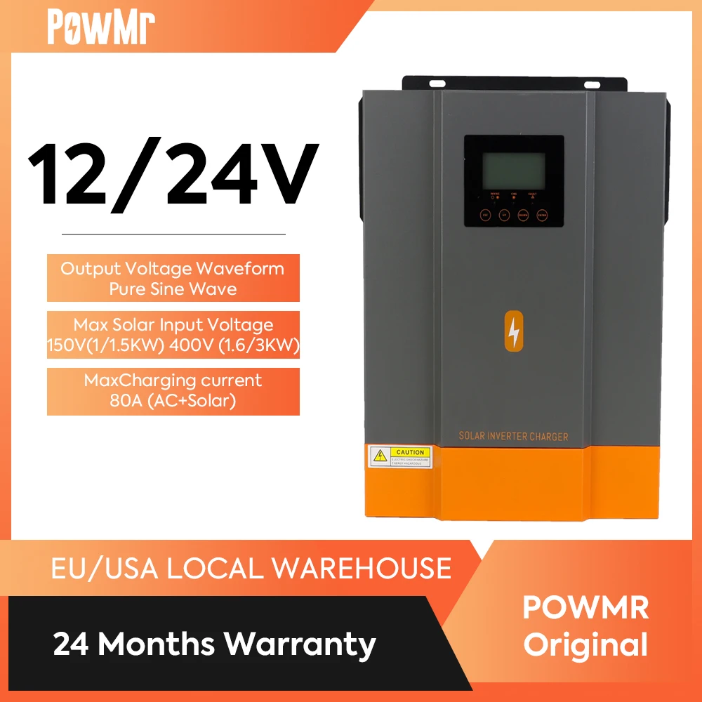 PowMr 12V 24V Hybrid-Solarwechselrichter MPPT 80A Off-Grid-Solarwechselrichter Reine Sinuswelle 220V 230V 1KW 1,5KW 3KW Max. PV-Leistung 2KW 3KW