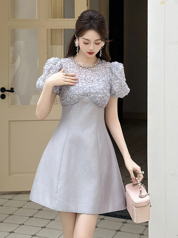 Summer Chic Elegant Luxury Diamonds Evening Dress Women Clothes Mujer Sweet Puff Sleeve Slim Short Party Birthday Vestido Fiesta