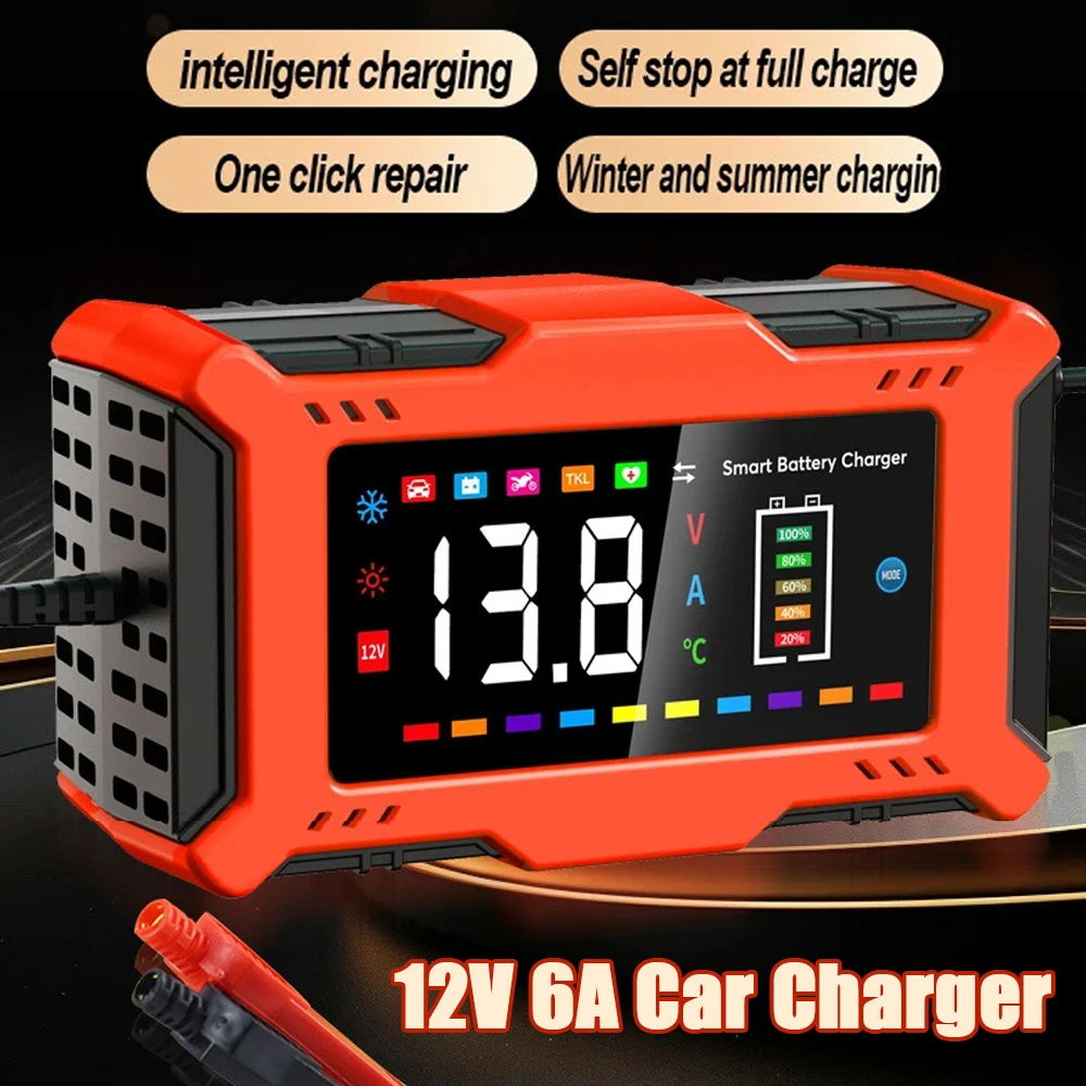 12V 6A Car Battery Charger Fully Automatic Pulse Repair LCD Battery Charger for Auto Moto Lead Acid Battery Smart Car Charging