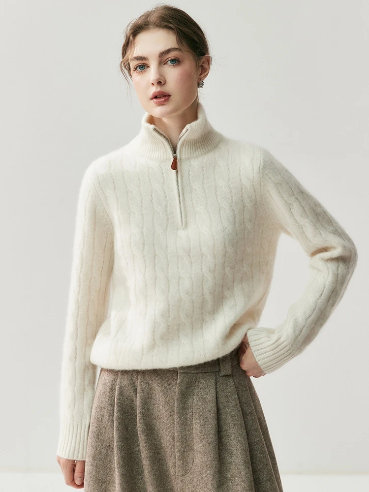 

Пуловер из 100% кашемира с высоким воротником и половиной молнии, свитер, однотонный свободный повседневный осенне-зимний вязаный свитер с цветочным принтом, легкая роскошная мода