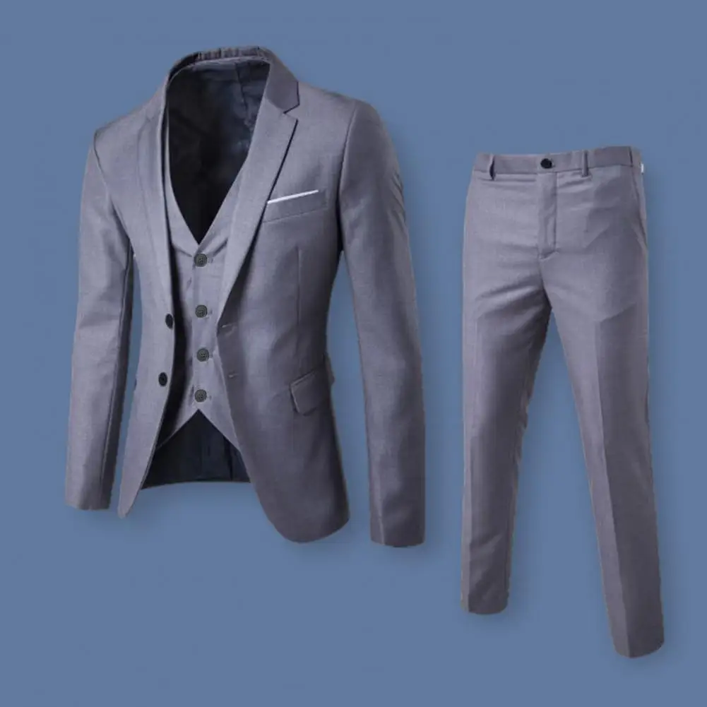 

Men Suit Set Formal Business Office Meeting Men's Suit Set Slim Fit Solid Color Anti-wrinkle Jacket Vest Pants for Groom Wedding