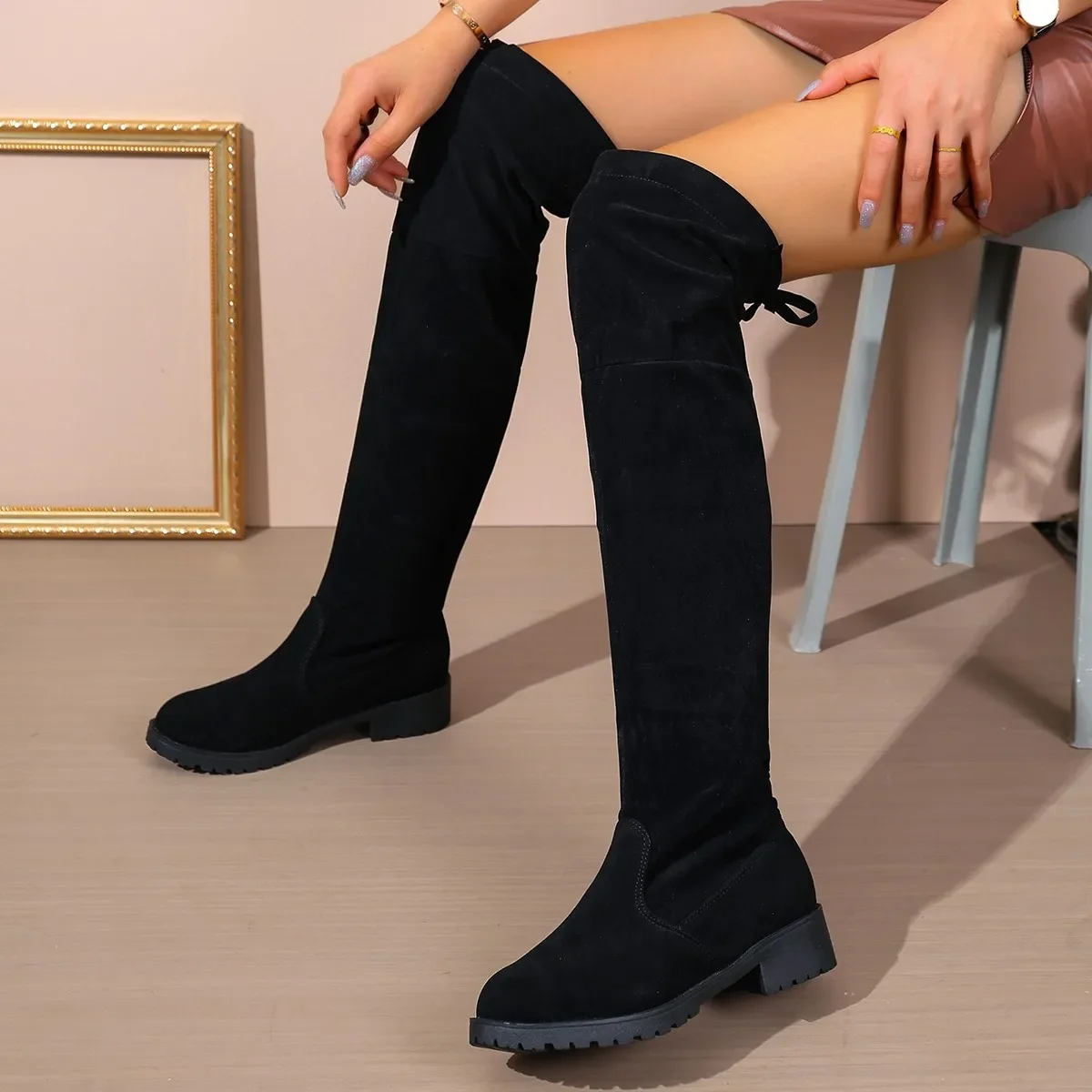2026 2026 Faux Suede Female Heels Autumn Winter Elastic Knee-high Boots for Women Tube Lace-up Thigh Boots Black - Aliexpress Deal