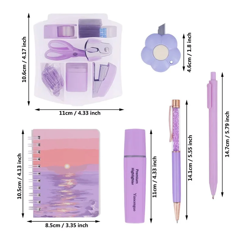 Mini office kit includes stapler, tape dispenser stapler, paper clips, scissors, staples, pens, notebook small retractable knife