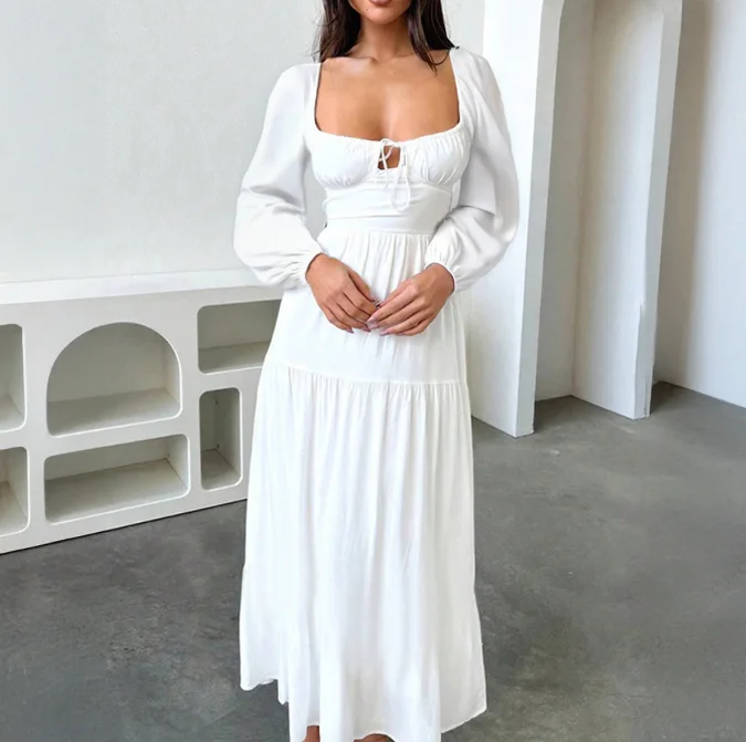 

French Evening Party Dresses Temperament Casual Vacation Style High Waisted Backless Long Sleeved Dress Urban White Dress