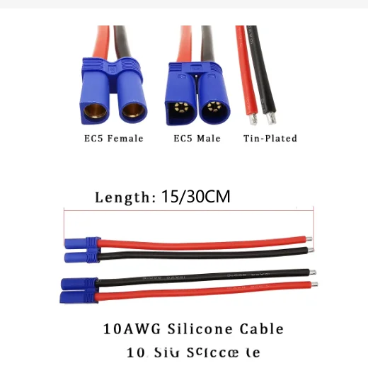 10AWG EC5 Plug Jack Silicone Pigtail Cable Male Female RC Toy Lipo Battery Car Boat Charger Wire Connector 15/30CM