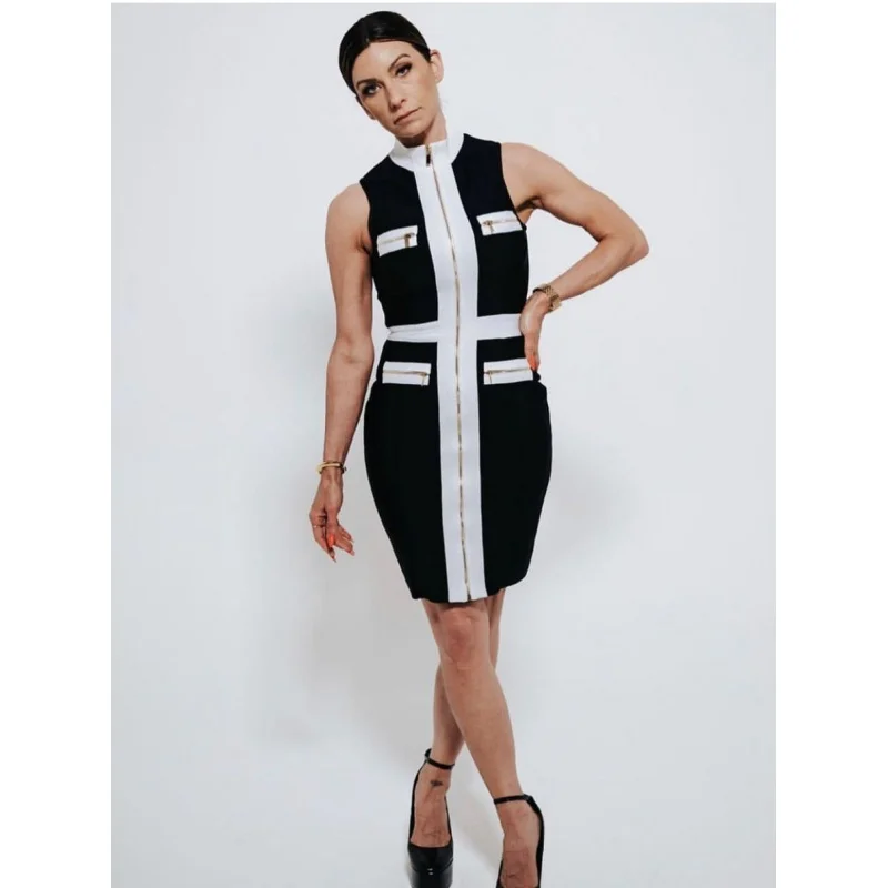 

Cross-Border New Amazon Aliexpress Popular Bandage Dress European and American Fashionable Elegant Black and White Stitching Ol