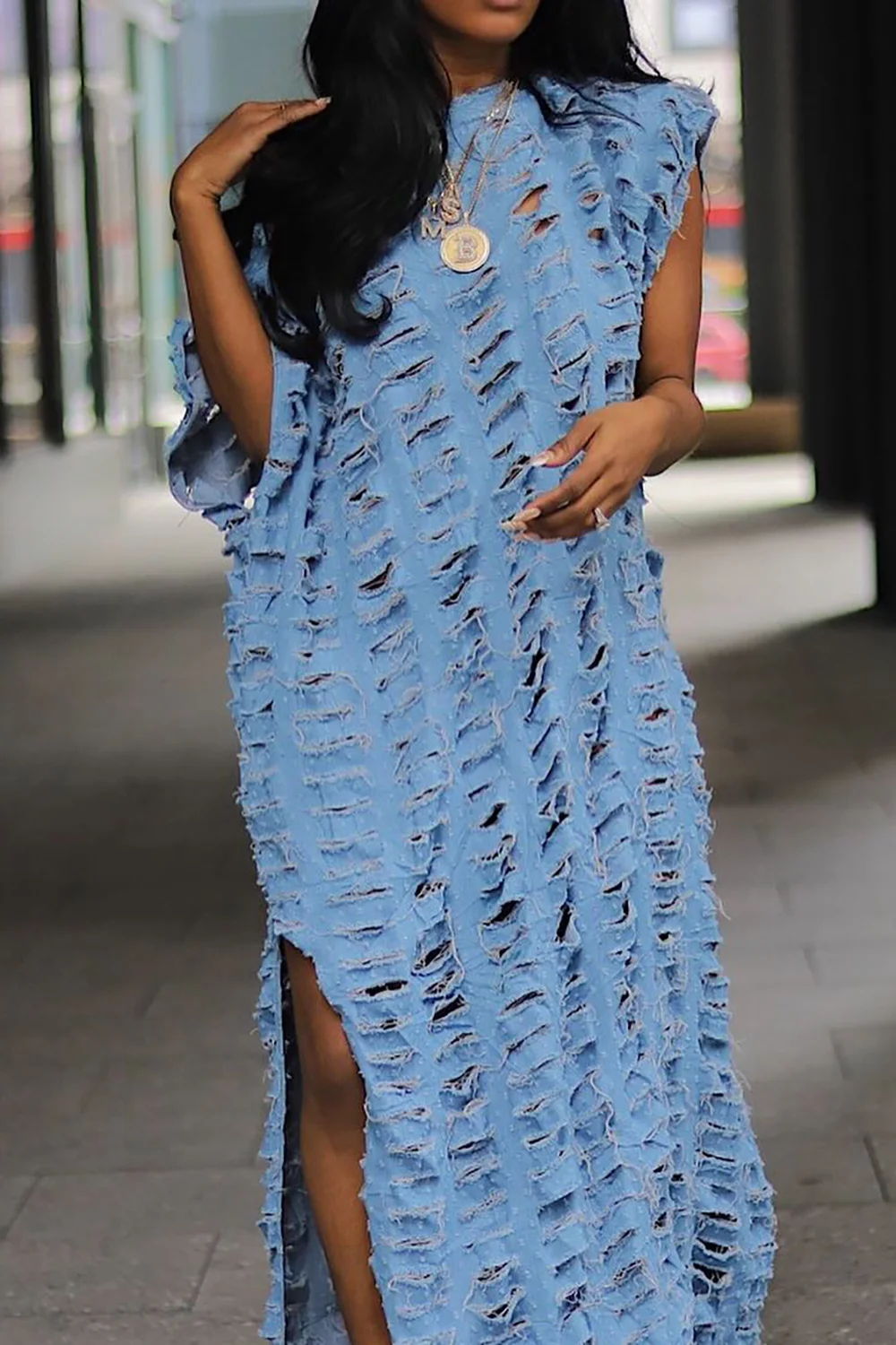 Plus Size Light Blue Round Neck Short Sleeve Split Ripped Maxi Dresses Hollow Long Streetwear Loose Beach Dress For Holiday