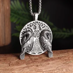 Retro Norse Mythology Double Raven Tree of Life Pendant Necklace for Men Personality Charm Hip Hop Cool Casual Jewelry Gift
