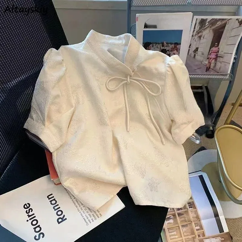 

Blouses Women Chinese Style All-match Irregular Elegant Summer Vintage Streetwear Casual Solid Mandarin Collar Ladies Chic Tops
