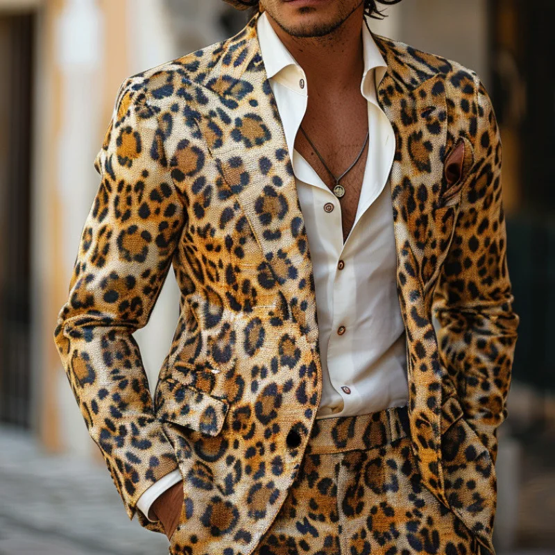 

New Design Mens 2 Piece Suit Leopard Print Coat Top Two Buttons Casual Nightclub Fashion Slim Fit Suit No Slit No Tie
