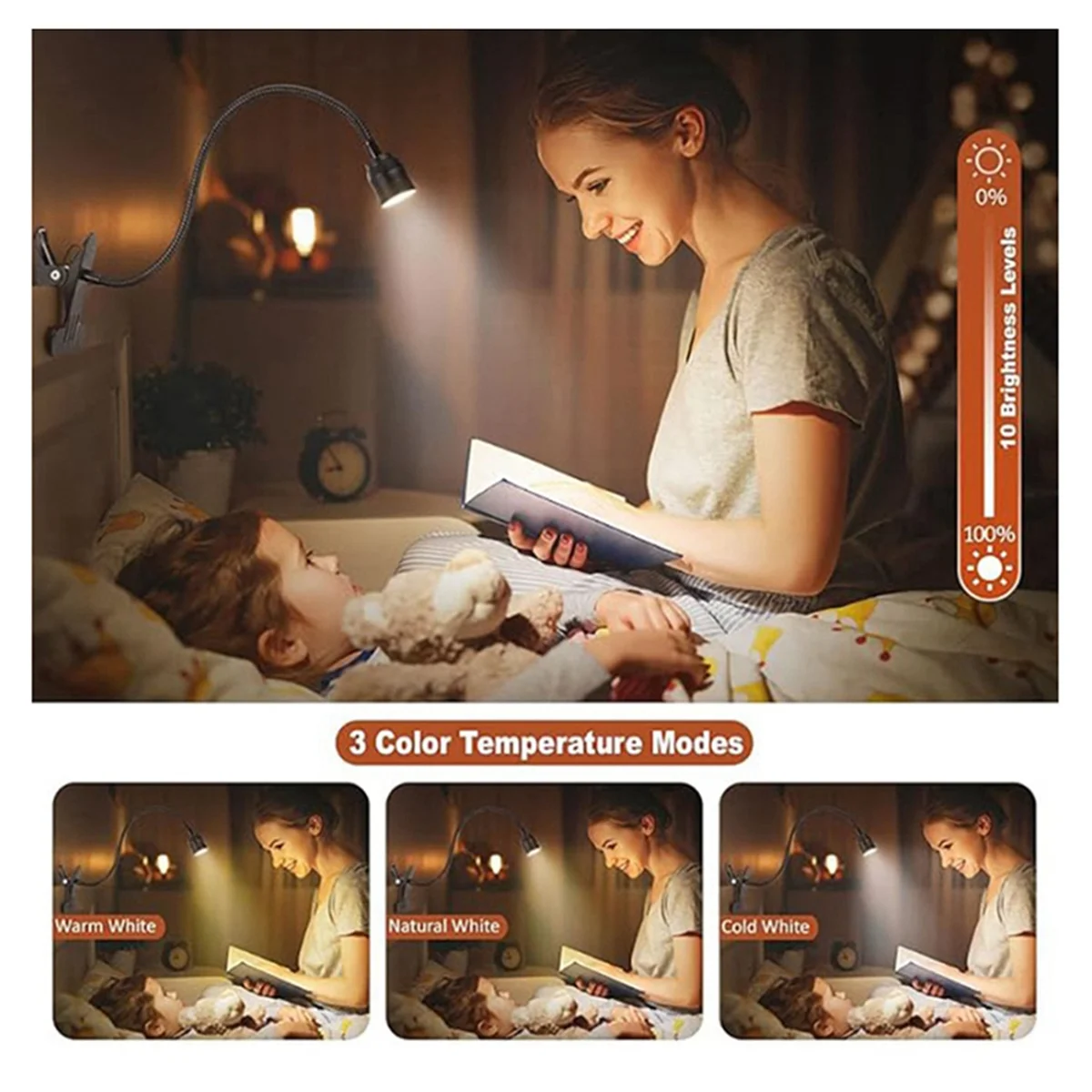 

ГОРЯЧИЙ! Светодиодные лампы для чтения USB, трехцветный зажим с затемнением, светильник для книг, гибкая ночная лампа для чтения на гибкой стойке, лампа для чтения