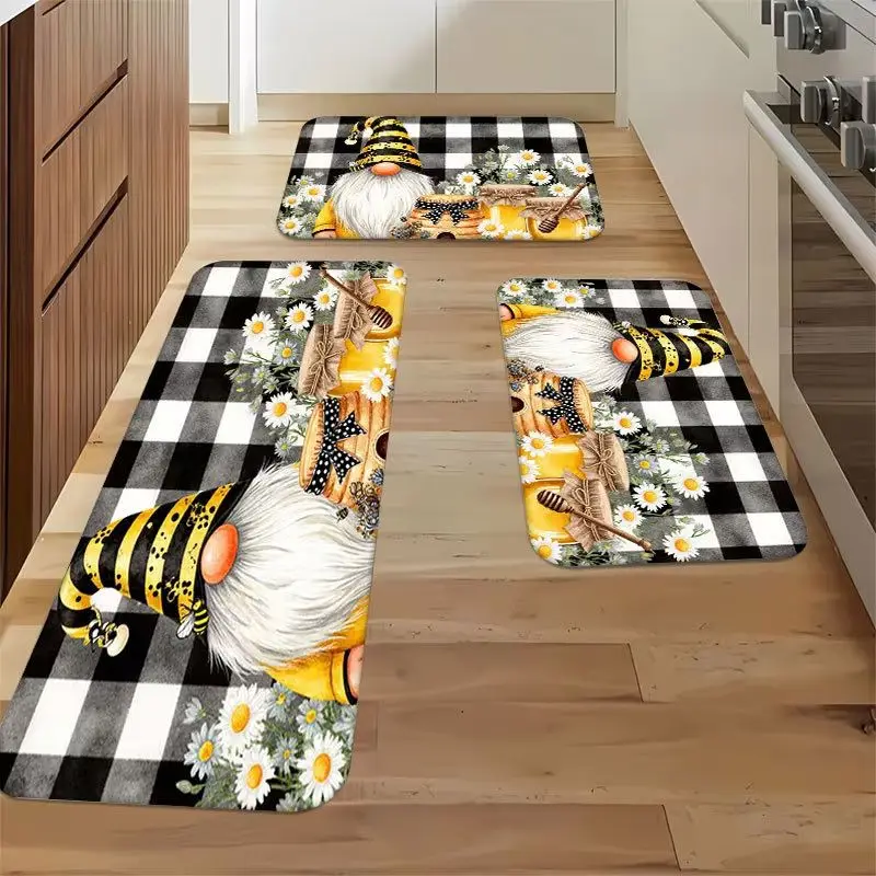 VIKAMA Bee Gnome Kitchen Floor Mat Black White Plaid Non Skid Washable Runner Rug for Hall Door Home Decoration