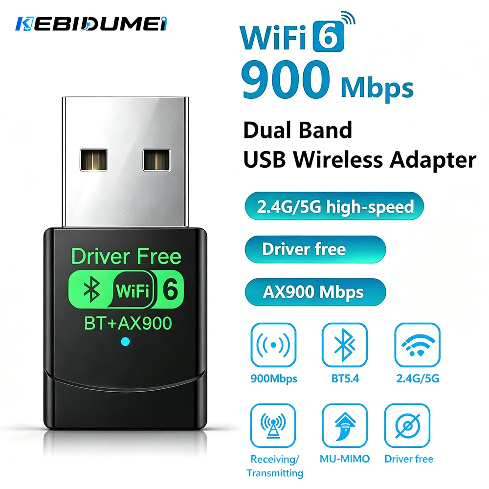KEBIDUMEI AX900 USB WiFi 6 Bluetooth 5.4 Adapter 2in1 Dongle Dual Band 2.4G & 5GHz USB Network Wireless Wlan Receiver