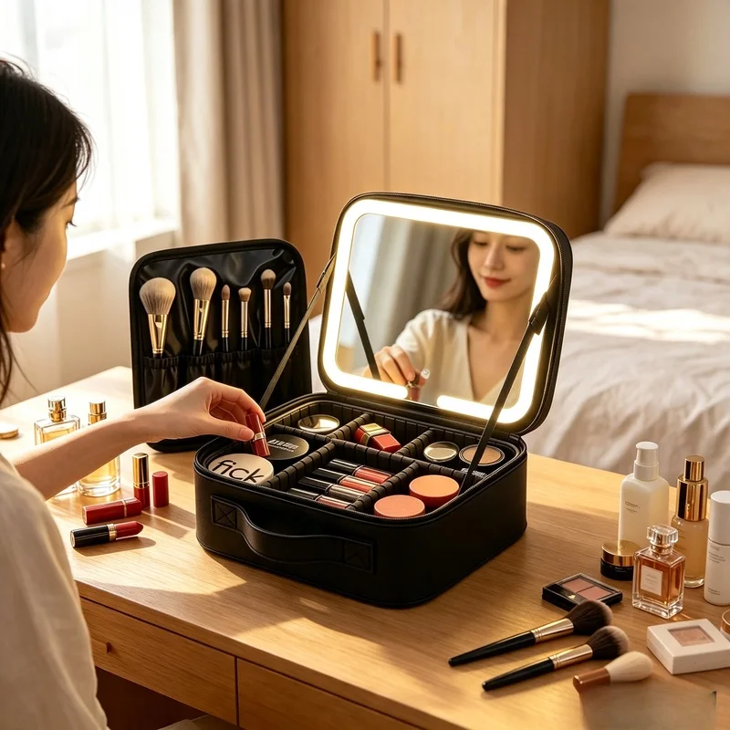 Waterproof Makeup Train Case With Mirror Adjustable Dividers Portable White Cosmetic Organizer 3 Colors Holiday Gift