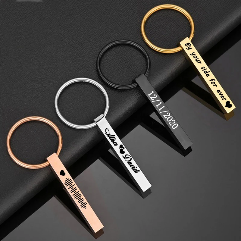 Personlized Stainless Steel Bar Key chains Custom Engrave 4 Side Date Logo Name Keyrings for Women Family Wedding Party Gift