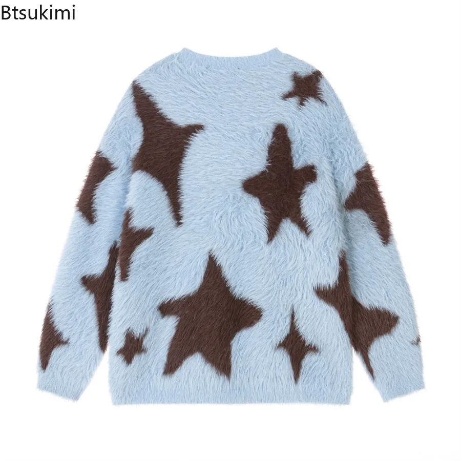 بلوفر رجالي على شكل نجمة لعام 2025 سترات محبوكة فضفاضة للخريف والشتاء للزوجين برقبة دائرية وأكمام طويلة سترات غير رسمية