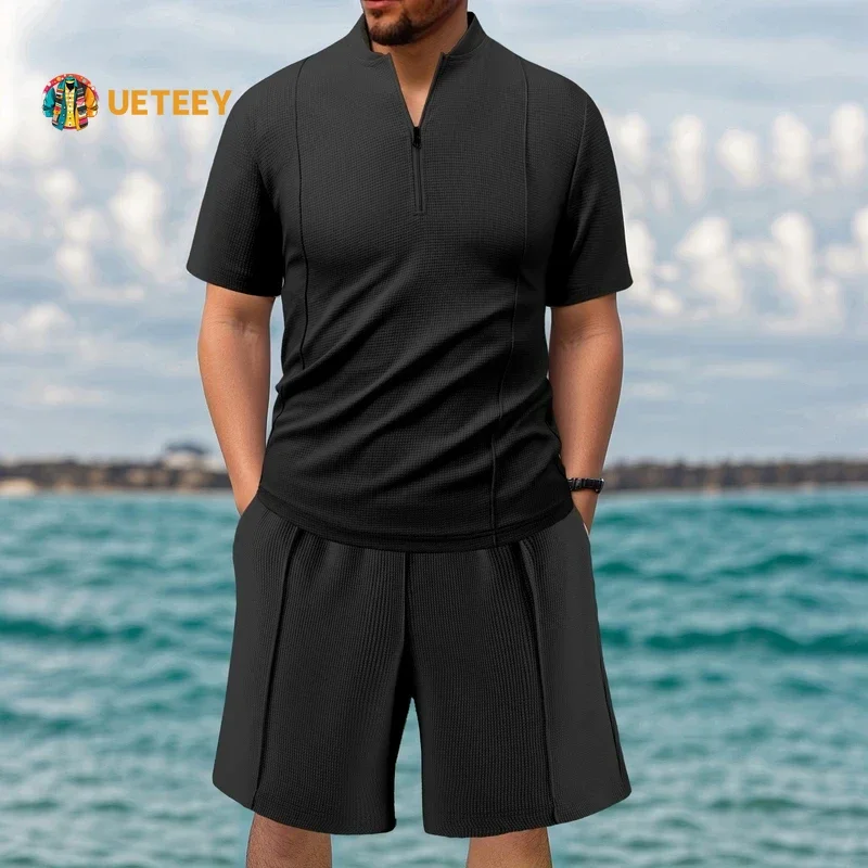 

2025 New Summer Mens Waffle Solid Color Zip-up T-Shirts Shorts Two-piece Set Casual Loose Sports Suits Men Ice Silk Running Sets