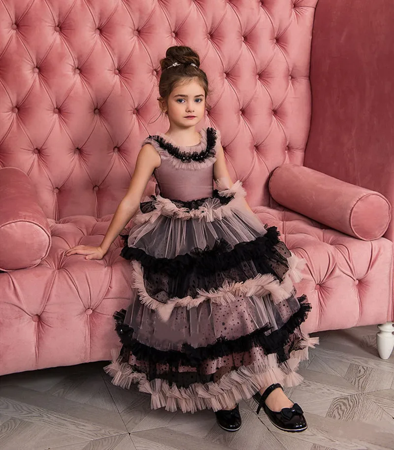 Elegant Flower Girl Dress for Wedding Layered Puffy Dotted Tulle O Neck Birthday Party Pageant Ball Gown First Communion Wear