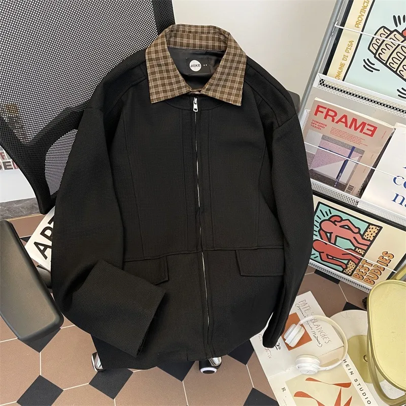 American Retro Flannel Long Sleeve Shirt Jacket Loose Casual Versatile Fake Two-Piece Jacket Top for Men Autumn Winter Outerwear