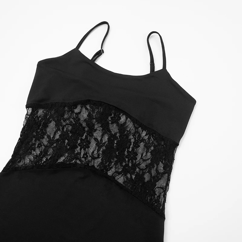 Solid-Color Sheer Lace Patchwork Women Dress Spaghetti Straps Bodycon Dress Minimalist Streetwear Summer Dress Female