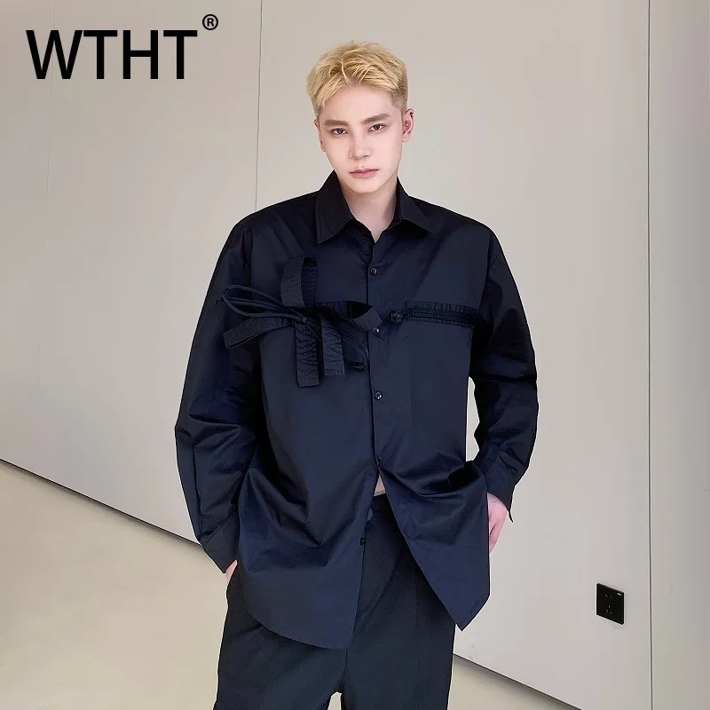 

WTHT Fashion Men's Solid Color Spliced Bow Design Casual Shirts Trendy 2025 Summer Long Sleeves Single-breasted Tops Male 2A1160