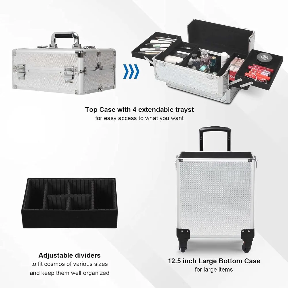 حقيبة مكياج دوارة 4 في 1، حقيبة سفر كبيرة لتخزين مستحضرات التجميل مع مفتاح وعجلات لصالونات الحلاقة Travelin #4