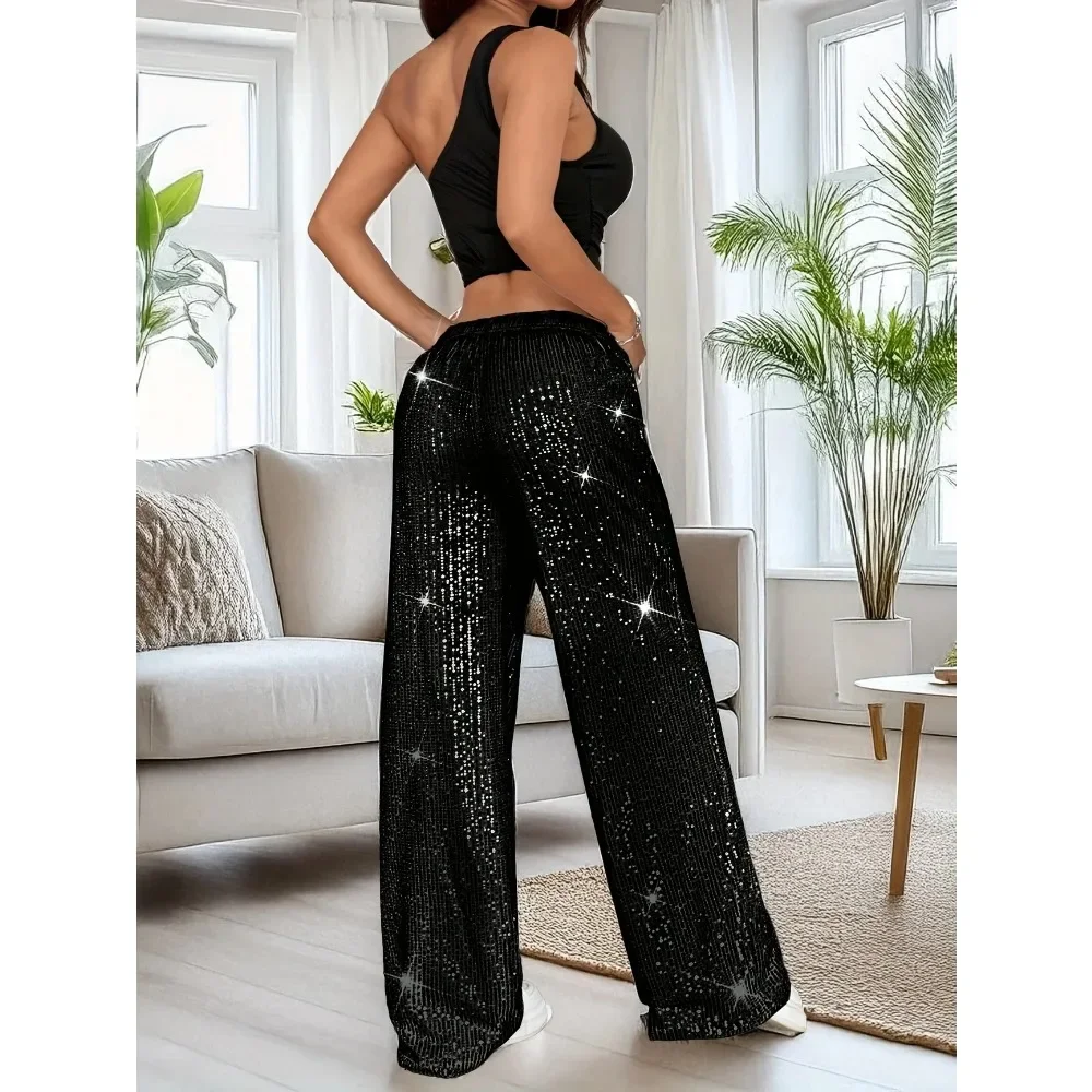 Plus Size 1XL-5XL Women Fashion Sequin Straight Leg Pants Ladies Casual Elegant High Waisted Loose Long Trousers