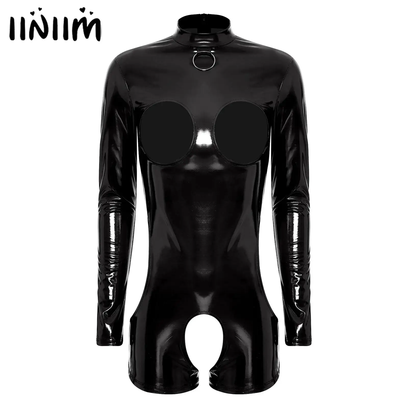 

Womens Lingerie Crotchless Latex Bodysuit Patent Leather Wetlook Clubwear Hollow Out Open Nipples Thigh O-ring Back Zip Jumpsuit