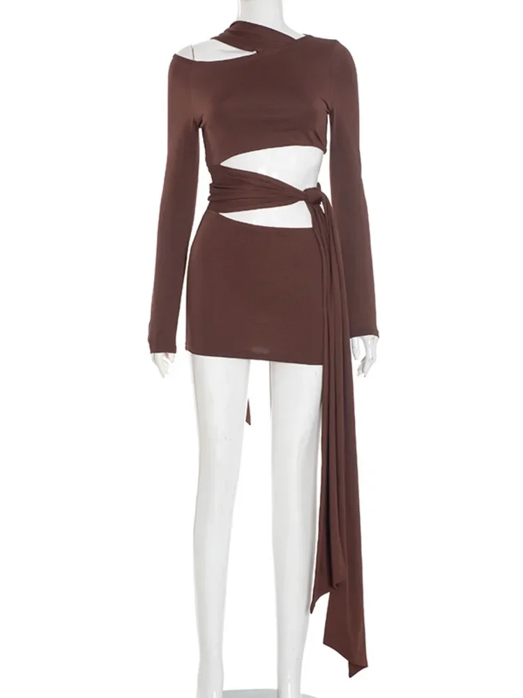 Chaxiaoa oco para fora manga longa sexy mini vestido feminino moda halter um ombro sem costas drapeado ruched clube vestidos de festa