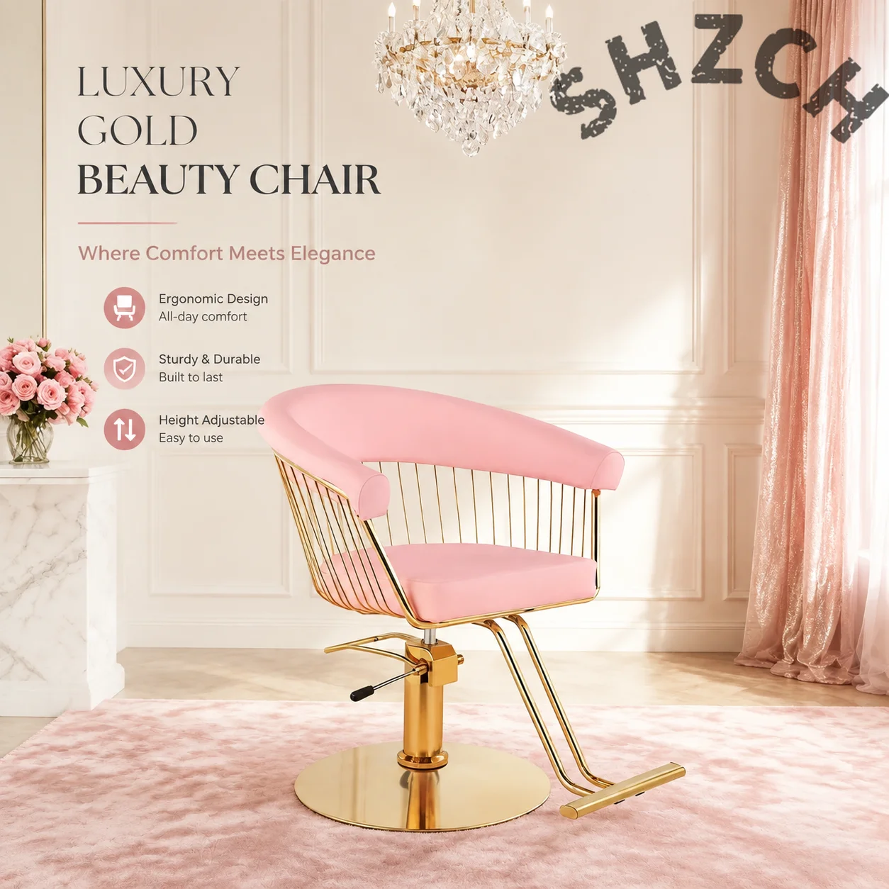 Adjustable Reclining Makeup & Tattoo Chair for Salon – Vintage-Style Pink Barber Chair with Wheels and Ergonomic Design