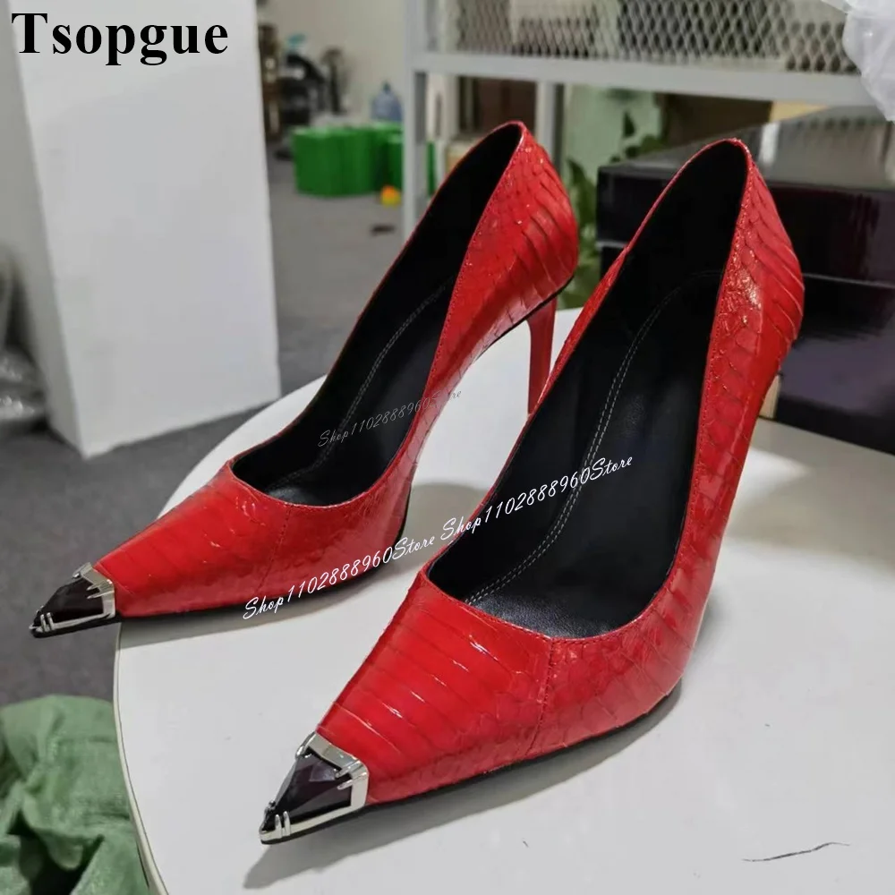 

Red Snake Skin Leather Crystal Toe Pumps Strange Style Heel Women Shoes Slip-On Pointed Toe 2024 Fashionable Zapatos Para Mujere