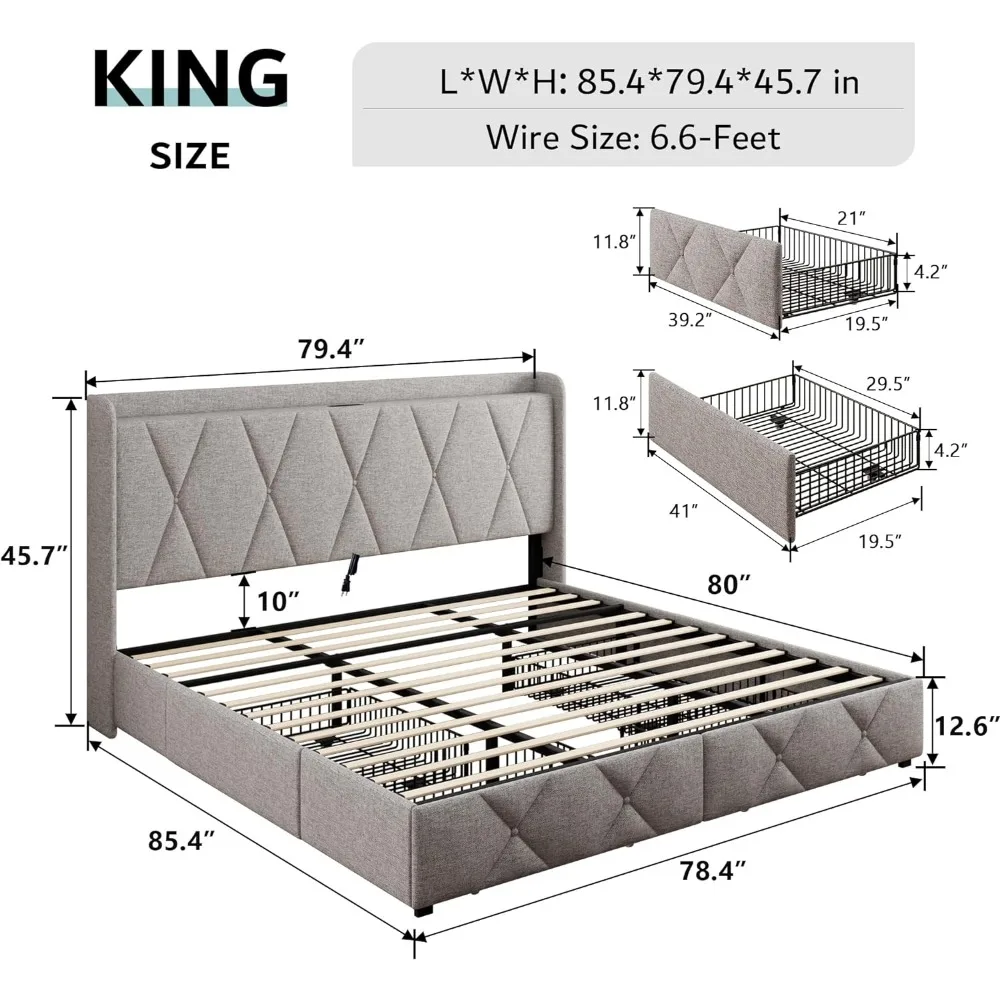 Marco de cama con 4 cajones de almacenamiento, plataforma tapizada, estación de carga, cabecero de almacenamiento Wingback moderno