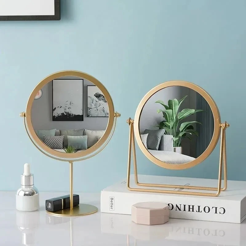 Makeup Mirror Light luxury retro European metal gold home desktop desktop square round mirror mirror dormitory makeup mirror