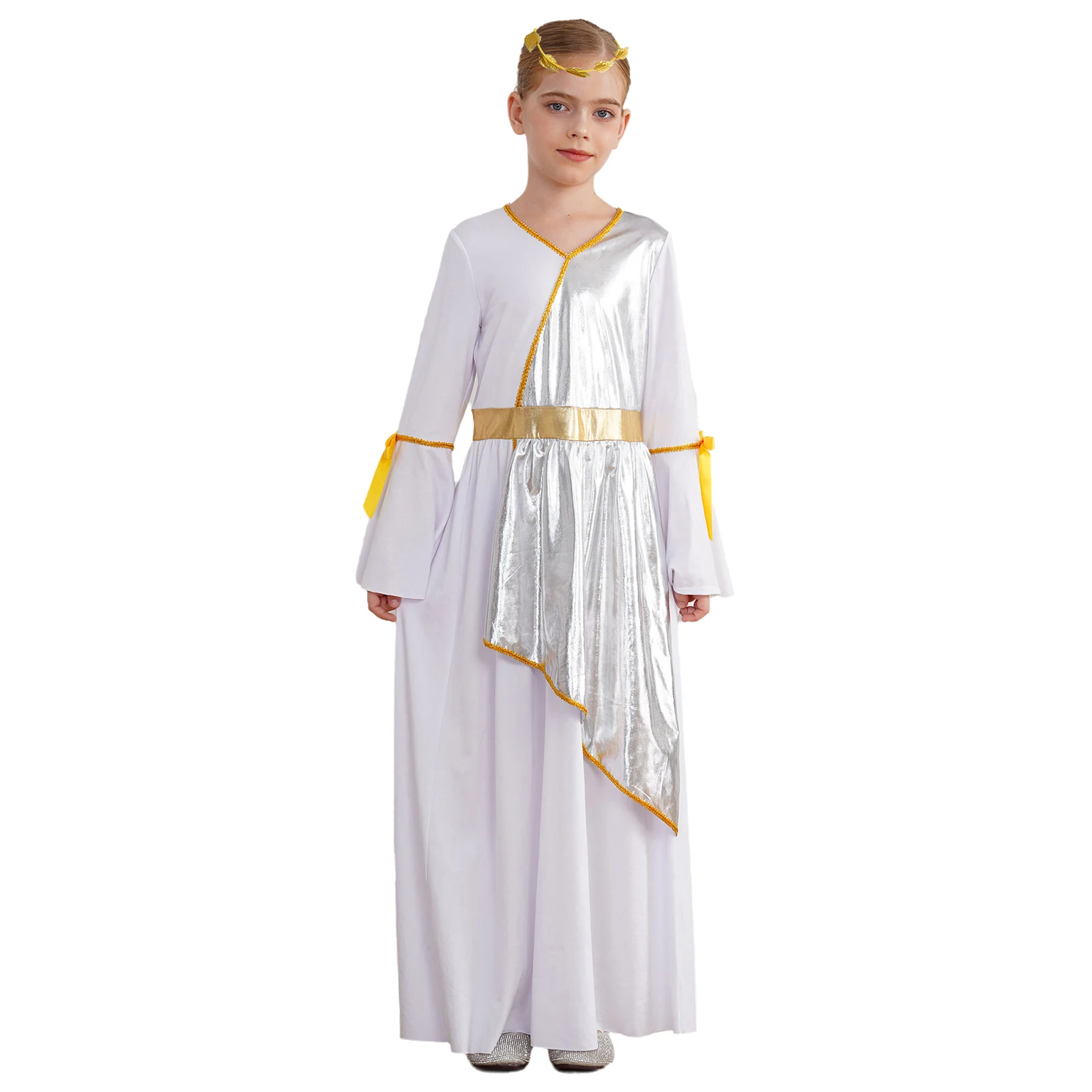 Girl Cosplay Ancient Greek Princess Dress Children Roman Dress with Leaves Garland Headwear Dance Robe Party Dress Up Costume